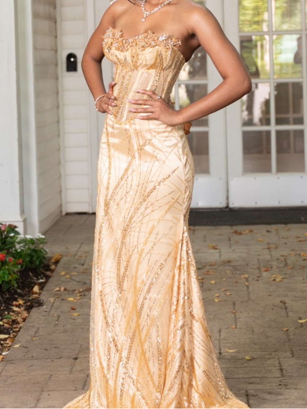 Strapless Champagne Sequin Evening Gown